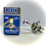 Лампа галогенная HEXEN H4 12V 60/55W ALL WEATHER +30% с улучшенным золотистым светом