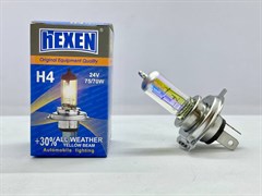 Лампа галогенная HEXEN H4 24V 75/70W P43t All Weather +30% 1 шт с улучшенным золотистым светом